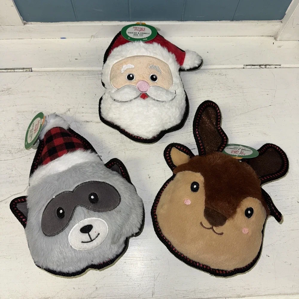 Lot Of 3 Merry & Bright Crinkle Santa Raccoon Reindeer Squeaker Dog Toy/57b‎